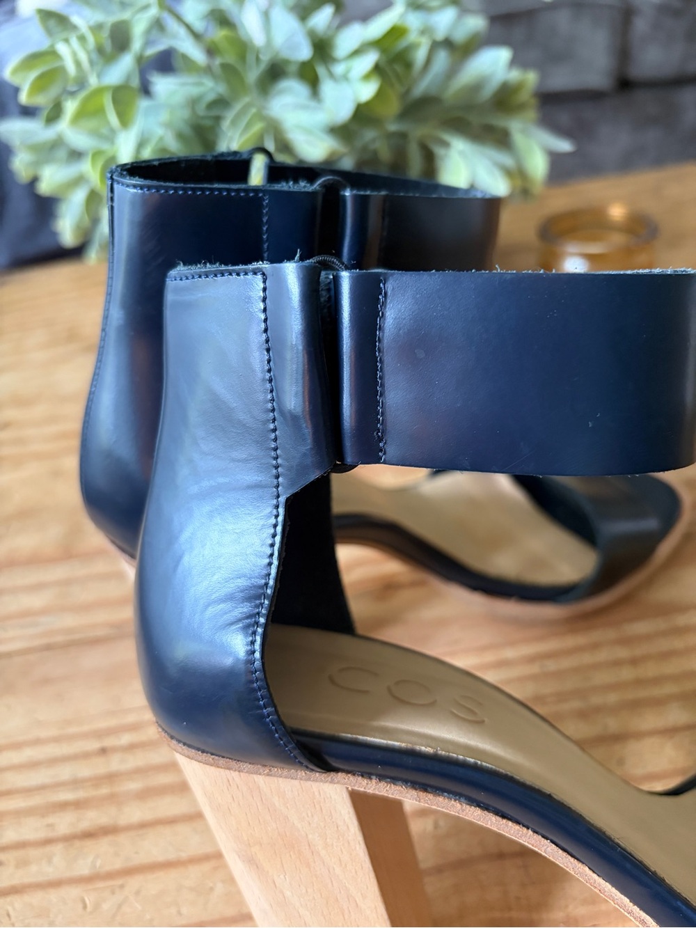 COS Navy Leather Sandal Wood Block Heel  Size 38 7.5 - Picture 4 of 13